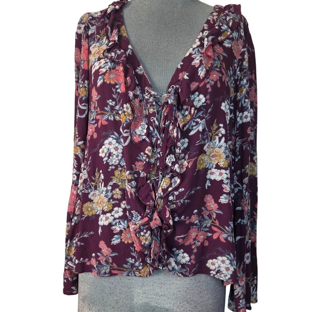Lace Up V Neck Floral Blouse Size XL